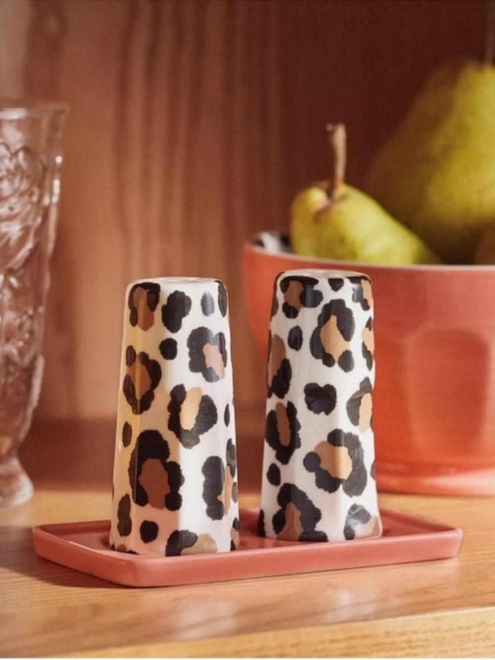 Anthropologie Leopard Stoneware Salt and Pepper With Tray Set